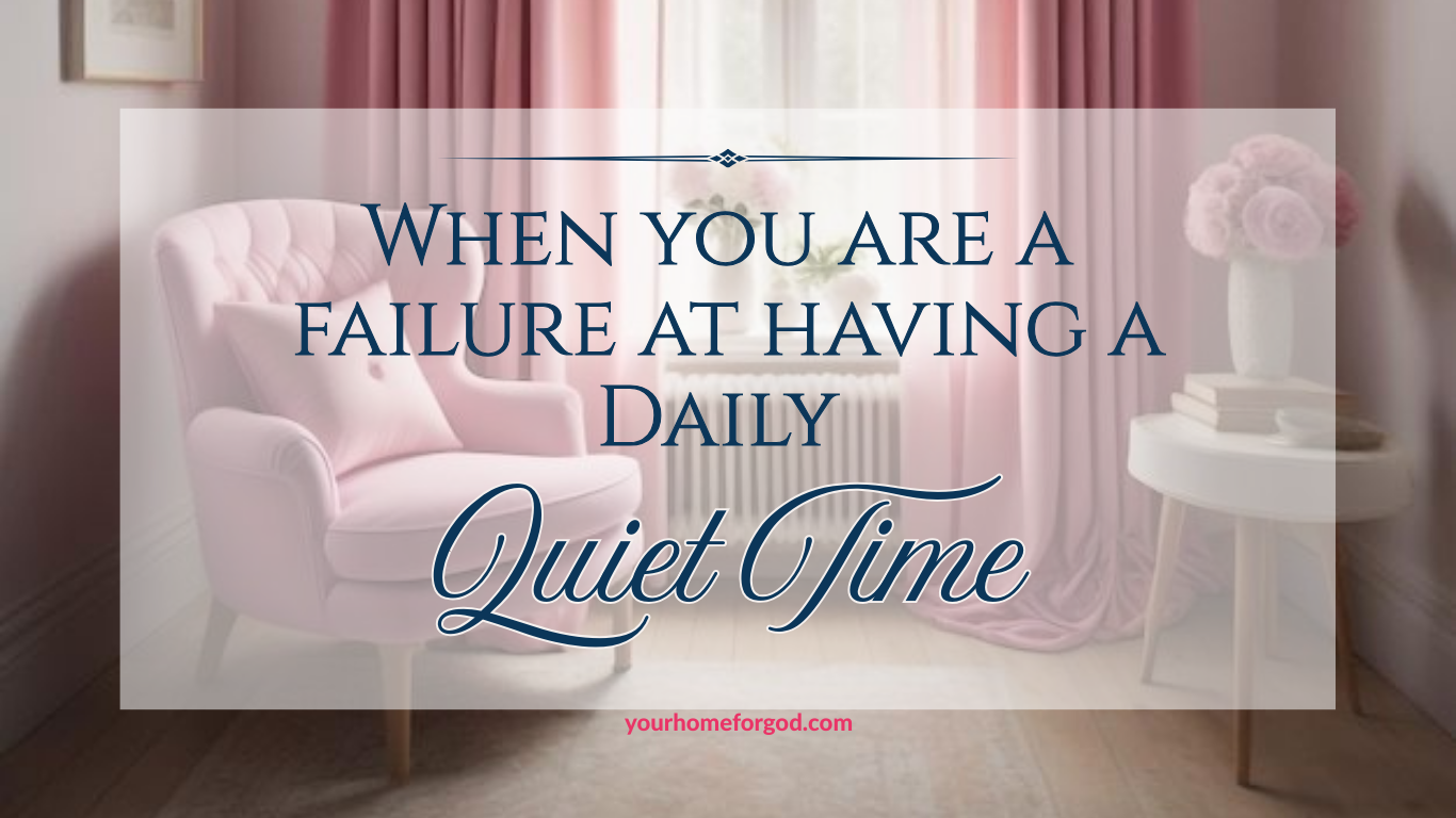 A soft, feminine Christian devotional graphic featuring a light pink armchair, pastel pink curtains, and a side table with a vase of flowers and books. The text overlay encourages women to prioritize daily quiet time with God, Bible reading, and prayer for spiritual growth.